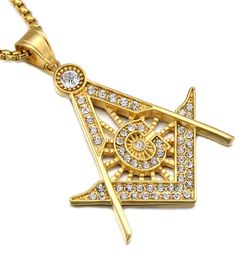 Stainless Steel Masonic Symbol Necklaces Men s Micro Pave Rhinestone Pendant Gold Silver plated Titanium chains For women Punk J3465368