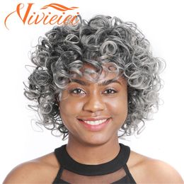 Synthetic Wigs Short Curly Afro Wigs Synthetic Black Grey Wig Kinky Curly Wavy Wig With Bangs Fluffy Natural Short Wig Big Curly Wig Cover 231211