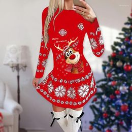 Casual Dresses Women Christmas Mini Dress Autumn Winter Long Sleeve Print O-neck Fashion Elegant Slim A-line Female Clothing