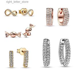 Stud New 925 Sterling Silver Pan Sparkling Infinity Stud Earrings Timeless Pav Double Single-row Hoop Earrings Women Gifts YQ231211