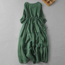 Basic Casual Dresses Limiguyue Ethnic Vintage French Style Women Dress Summer Hollow Out Embroidery Ramie Dresses Drawstring High Waist Vestidos U551 YQ231211