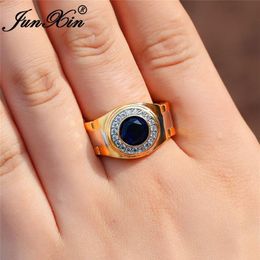 Mens Round Blue Stone Wedding Rings For Men Women Yellow Gold Colour Promise Engagement Ring Male Boho Zircon Jewellery CZ2862