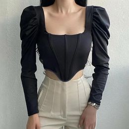 Women's Blouses 2023 Retro Square Collar Sexy Office Top Long Sleeve Bubble Waist Clothes Women Blusas Elegant 30117