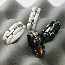 New Arrival Fashion Lady 316 Titanium Steel Black White Ceramic Wedding Engagement 18K Gold Plated Narrow Rings Size6-11280v