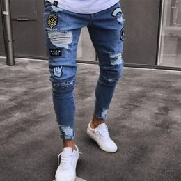 Men's Jeans Mens Stretchy Slim 2023 Embroidery Hip Hop Men Blue Ripped Pants Fashion Hole Denim Trousers Skinny Black For