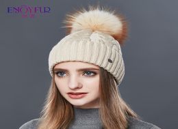 ENJOYFUR Fashion Winter Hats Caps Women Rough Type Cashmere Knitted Hat Female Girl Thick Warm Beanie Fur Pompom Gorro Y20011672107