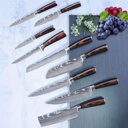 Chef LNIFE Set Profession Japanese Kitchen Knives Laser EAMASCUS Pattern Sharp Santoku Cleaver Slicing Utility Boning Knives Cooki222y