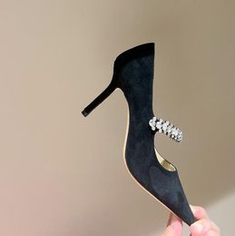 Pointed Toe metal magnetic buckle high heel sandals with rhinestone decoration classic high heel patent leather single shoes with box