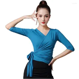 Stage Wear Lady Half Sleeves Latin Dancing Tops Female Deep V Strap Ballroom Dance Costume Cloth Women Tango Chacha Practice Shirt