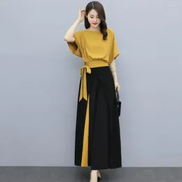 Women's Two Piece Pants Attractive Women Trousers Polyester Wide Leg Loose-fitting Shirt Two-piece Set All Match