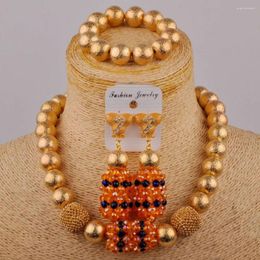 Necklace Earrings Set Women's Fashion Jewelry African Bride Wedding Dress Accessories Orange Crystal Beads Nigeria XK-10