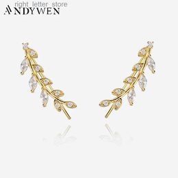 Stud ANDYWEN 925 Sterling Silver Gold Leafs Zircon CZ Long 22.5mm Climber Women Earring Simple Luxury 2023 Spring Valentiens Gift YQ231211