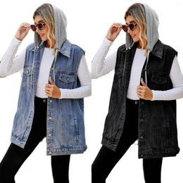 Women's Vests 2023 Fall/Winter Sleeveless Long Denim Vest Fashion Loose Detachable Hooded Jeans Jacket Coat Casual Clothing S-XL
