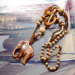 Chains Bohemian Wood Resin Necklace Women's Ethnic Style Retro Elephant Beaded Pendant Sweater Chain Accessories