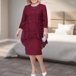 Casual Dresses Beautiful Midi Dress Crew Neck All-matched Pure Colors Embroidery Lace 3/4 Sleeve Lady Evening