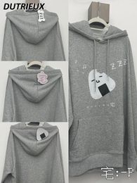 Women's Hoodies Original Drawstring Pocket Sweatshirt Spring And Autumn Embroidery Patch Cute Cotton Gray Hooded Long-Sleeved Pullover