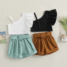 Clothing Sets 3-7Y Kids Girls Summer Clothes Set Ruffle Short Sleeve One Shoulder Tops Pants With Belt Fashion Children Shorts Outfits