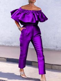 Women's Two Piece Pants AOMEI Women Sets 2 Pieces Purple Trendy Shiny Satin Crop Tops Off Shoulder Straight Trousers Summer Party Streetwear