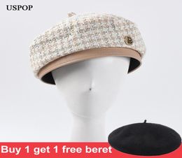 Berets winter women beret hat tweed plaid beret thick warm wool hats5398947