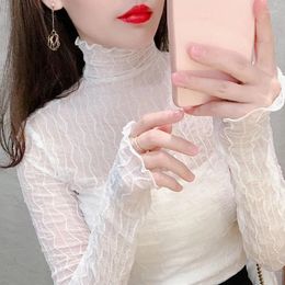 Women's Blouses Soft High-necked Lace Bottom Blouse Women Autumn Winter Western-style Gauze White Versatile Striped Ear Hem Top