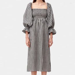 Casual Dresses 2024 Spring Plaid Print Boho Maxi Dress Women Sexy Square Collar Hollow Long Party Autumn 3/4 Sleeve Loose Female