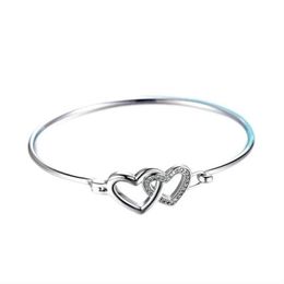 Everoyal Fashion Lady Silver Bangles Jewelry For Women Charm Crystal Double Heart Bracelets Girls Wedding Engagement Bijou Bangle303U