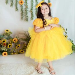 Girl Dresses Puffy Yellow Ball Gown Flower Tiered Lace Kids Birthday Pageant Gowns Tea Length Little Girls Poshoot
