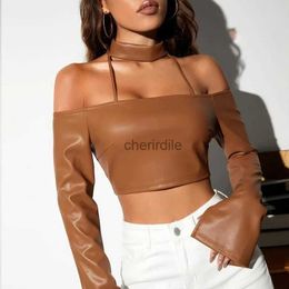 Women's Blouses Shirts Women Sexy Faux Leather T-Shirts Choker Split Long Sleeve Slim Off Shoulder Short Crop Tops T Shirt Female Clothing Streetwear YQ231211