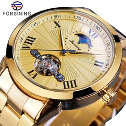 Forsining Golden Men Mechanical Wristwatch 3D Dial Automatic Tourbillon Moonphase Full Steel Big Watches Clock Relogio Masculino286W