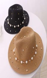 Cap version British flat Brim Straw Hat pearl nail Lady sunscreen jazz hat outdoor Beach summer8107398