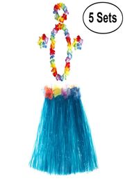 5 Sets Hawaii Tropical Hula Grass Dance Skirt Flower Bracelets Headband Necklace Set 40cm64515234957959