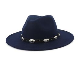 Trend Rivet Belt Decor Plain Wool Felt Jazz Fedora Hat for Men Women Unisex Flat Brim Panama Gambler Hats Caps Gentleman Trilby5934788