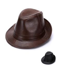 Fashion Men 100 Genuine Leather Fedora Trilby Hat Gentleman Jazz Cap Gangster Casual Hats7761902