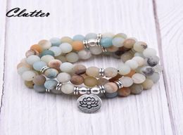 Fashion Womens Matte Amazonite 108 Mala Beads Bracelet Or Necklace High Quality Lotus Charm Design Yogi Beaded Strands6997439