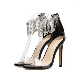 Sandals PVC Jelly Open Toe High Heels Women Transparent Round 11CM Thin Slip On ZIP Fringe Black