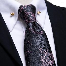 Bow Ties Hi-Tie Designer Floral Grey Pink Silk Wedding Tie For Men Handky Cufflink Necktie With Collar Pin Business Party Dropship