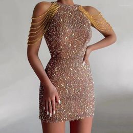 Casual Dresses Sequined Dress Women Elegant Luxury Party Club Evening Off Shoulder Hollow Out Tassel Chic Sexy Bodycon