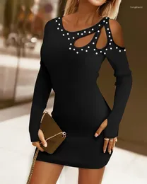 Casual Dresses Sexy Women's Dress 2023 Fashion Hollow Out Beaded Bodycon Irregular Collar Long Sleeves Plain Mini Skinny