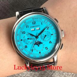 Wristwatches 42MM Sky Blue Dial AutomaticMen's Watch Year Date Multifunctional Indicator Black Leather Band Polished Sliver Case