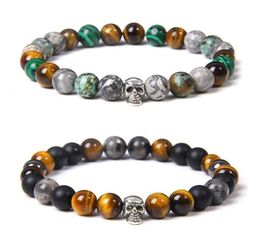 Beaded Strands Mix Natural Stone Skull Charm Bracelets Bloodstone Lava Tiger Eye For Men Punk Cool BraceletBangles Jewelry Gothi7842699