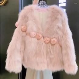 Women's Fur Winter Women Pink Faux Coat 3D Flowers Roses Blossoms Embroidery Mink Jacket Flocking Parka Cardigan Chaquetas Tops