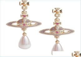 Charm Charm Space Western Empress Dowager Lavender Paint Pearl Drop Elegant Temperament Spot Package Delivery 2021 Jewellery Earring5007446