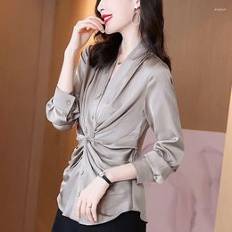 Women's Blouses Spring Autumn Solid Color Fashion Long Sleeve Blouse Women High Street Casual Slim Button Pleated Elegant All-match Shirt