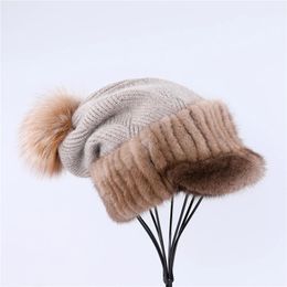Beanie Skull Caps Arrival Women's Soft Knitted Beanie Hat Fashionable Lady Fur Pom Poms Winter ed cap With Mink Stripes 231212