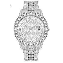 MISSFOX European Hip Hop Full Diamond Mens Watches Bracelet Quartz Calendar Mineral Hardlex Mirror Wrist Watch Manufacturers Direc238i