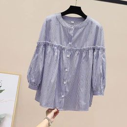 Women's Blouses Vintage Striped Pleated Blouse Spring O-neck Solid Color Loose Simplicity Shirt Tops Street Casual Fashion Women Clothing