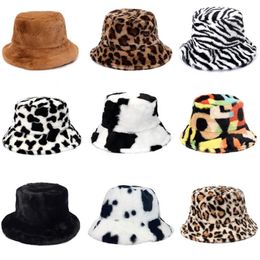 Winter Cow Leopard Faux Fur Fluffy Bucket Hats Women Outdoor Warm Sun Hat Soft Velvet Furry Fisherman Cap Girl Fashion Panama 2205216W