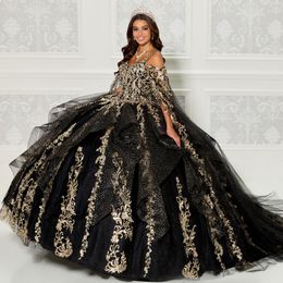 Shiny Quinceanera Dresses 2024 Embroidered Lace Sweet 15 Dress with Cape Ruffles Tiere Glitter Junior Vestidos De 15 Anos