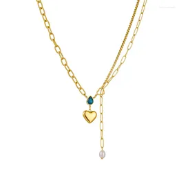 Choker Stainless Steel Artificial Pearl Blue Zircon Heart Pendant Irregular Metal Creative Cool Wind Necklace Naszyjniki Damskie