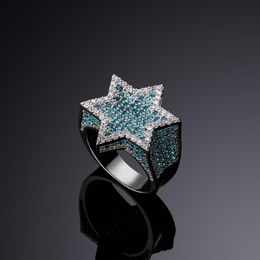 New Hexagon Star Silver Color Blue Iced Out Cubic Zircon With Side Stones Rings Micro Paved Diamond Hip Hop Jewelry For Gifts285b